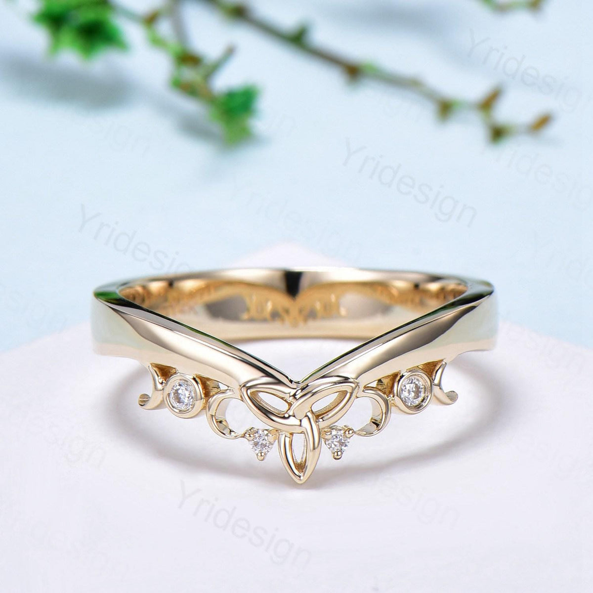 3.5mm Celtic Knot Norse Viking diamond wedding band women 14k yellow gold curved wedding band unique Matching stacking band anniversary ring