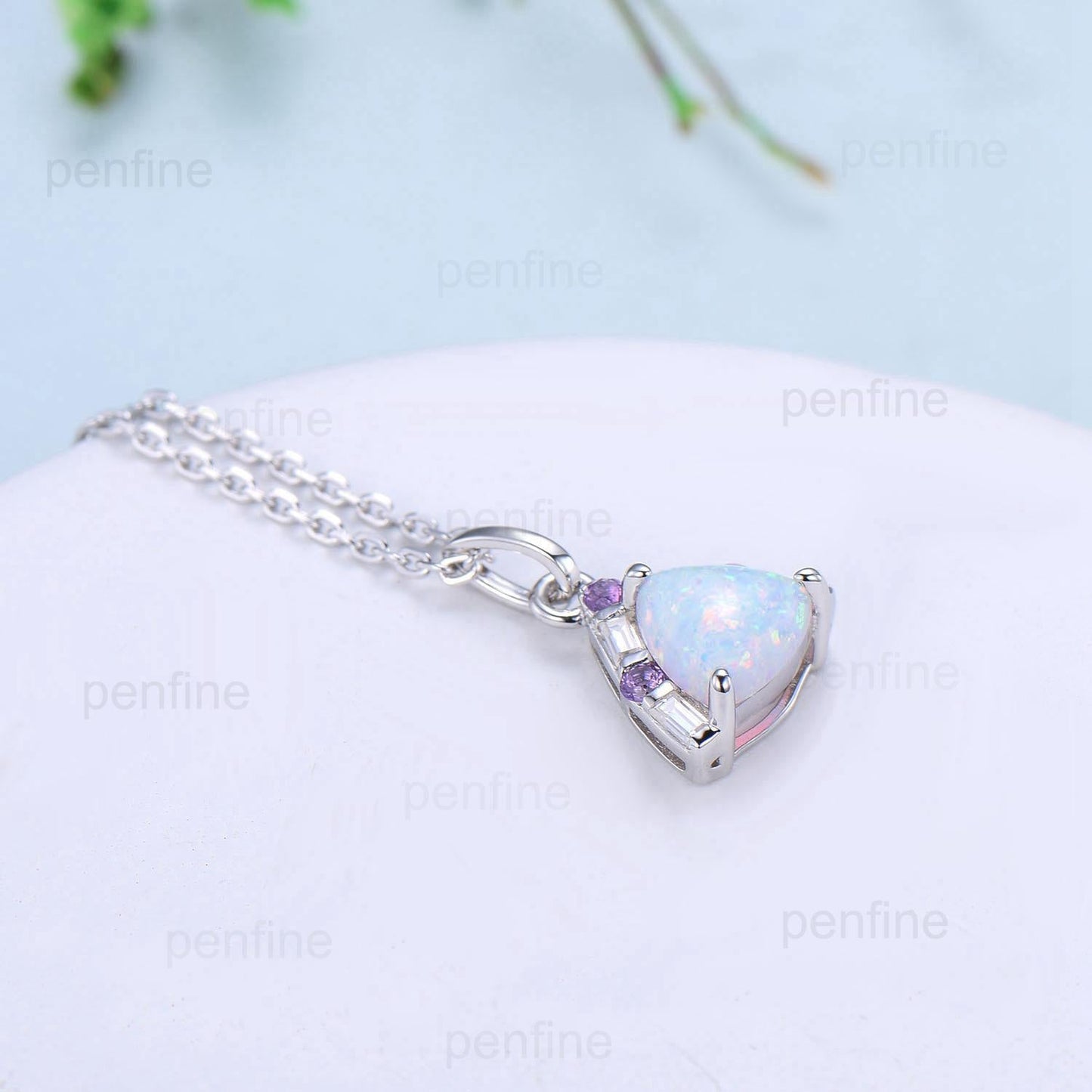 Trilliant Opal Amethyst pendant necklace vintage baguette moissanite pendant silver white  gold fire opal necklace Engagement Gift For Women