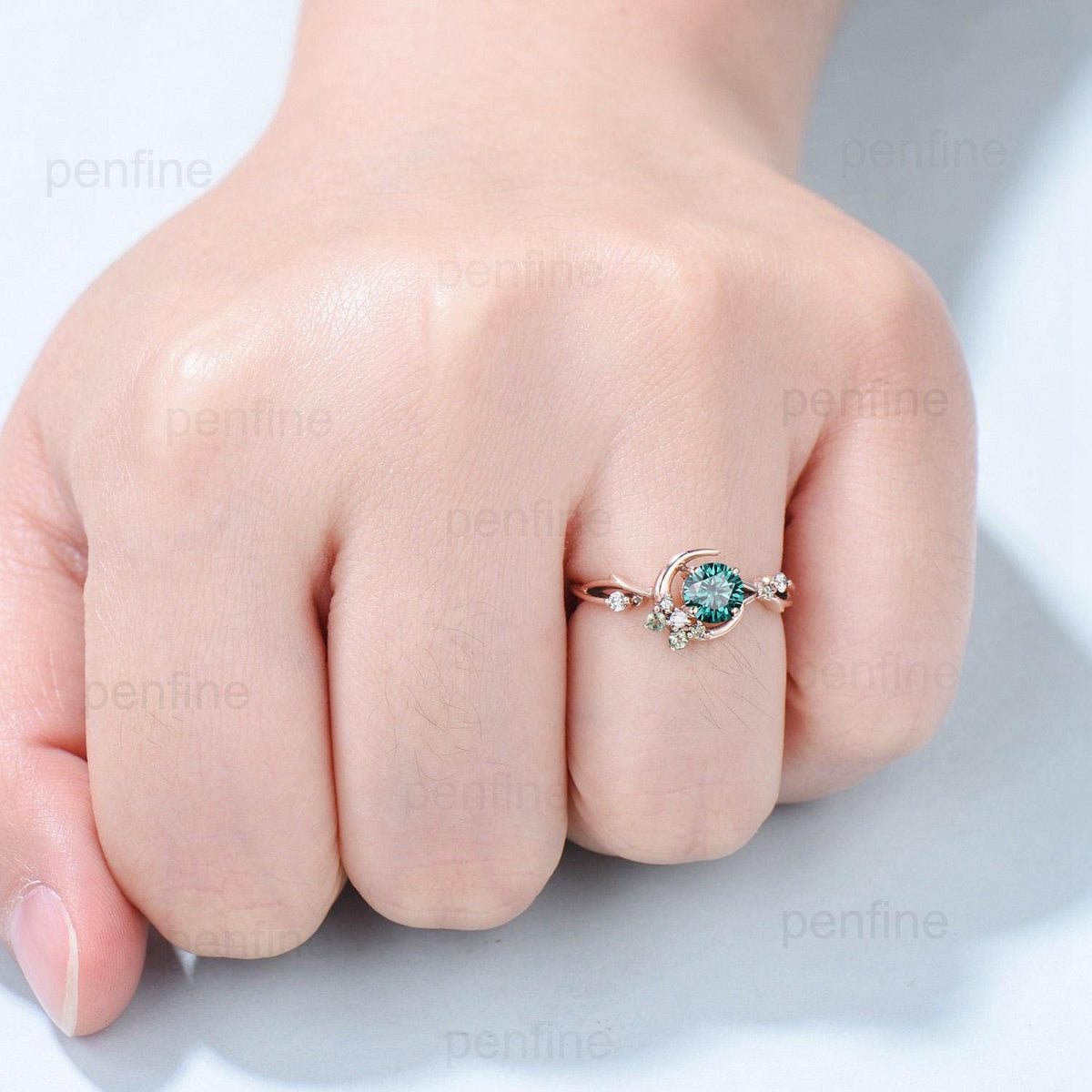 Unique Crescent Moon Green Moissanite Engagement Ring Vintage Rose Gold Star Moon Cluster Peridot Ring Art Deco Promise Anniversary Gift Her