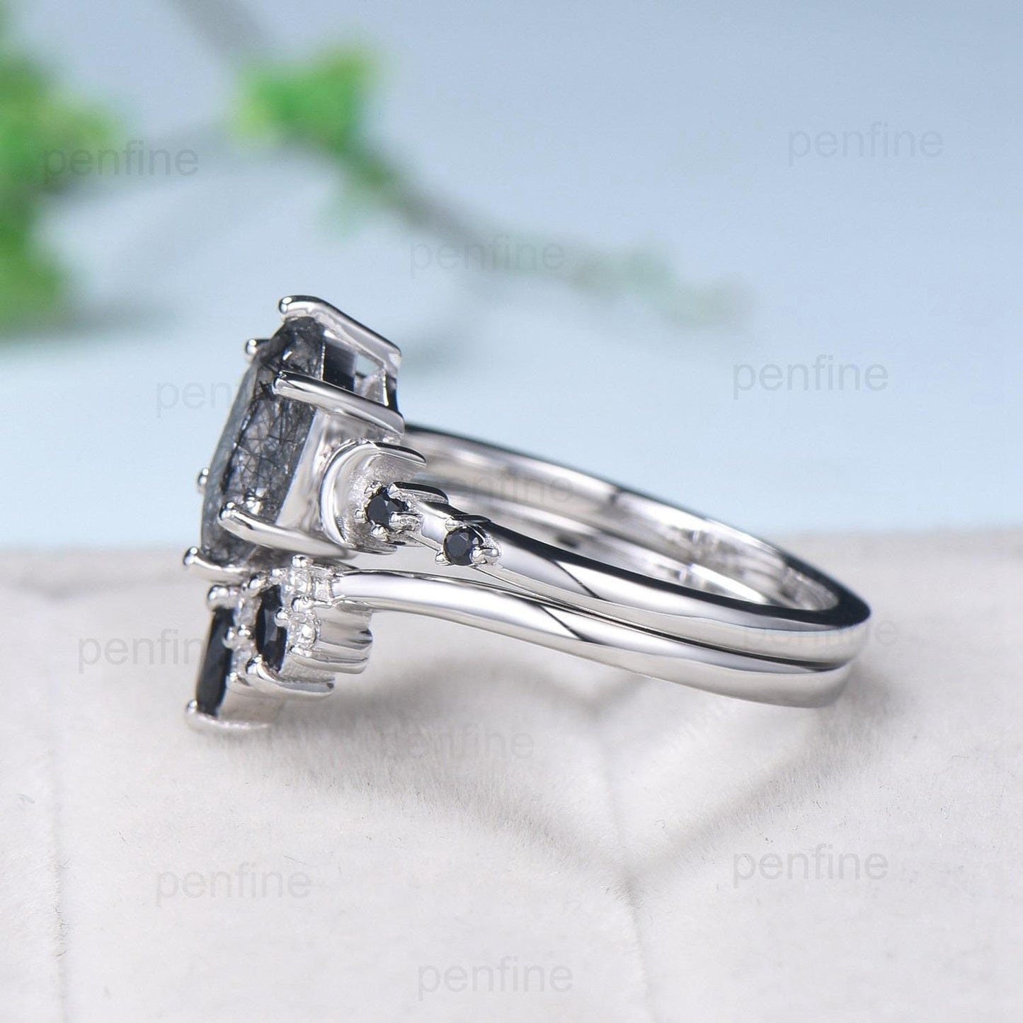 Long Hexagon cut black rutilated quartz engagement ring set five stone rose gold moon spinel wedding ring set for women anniversary gift her