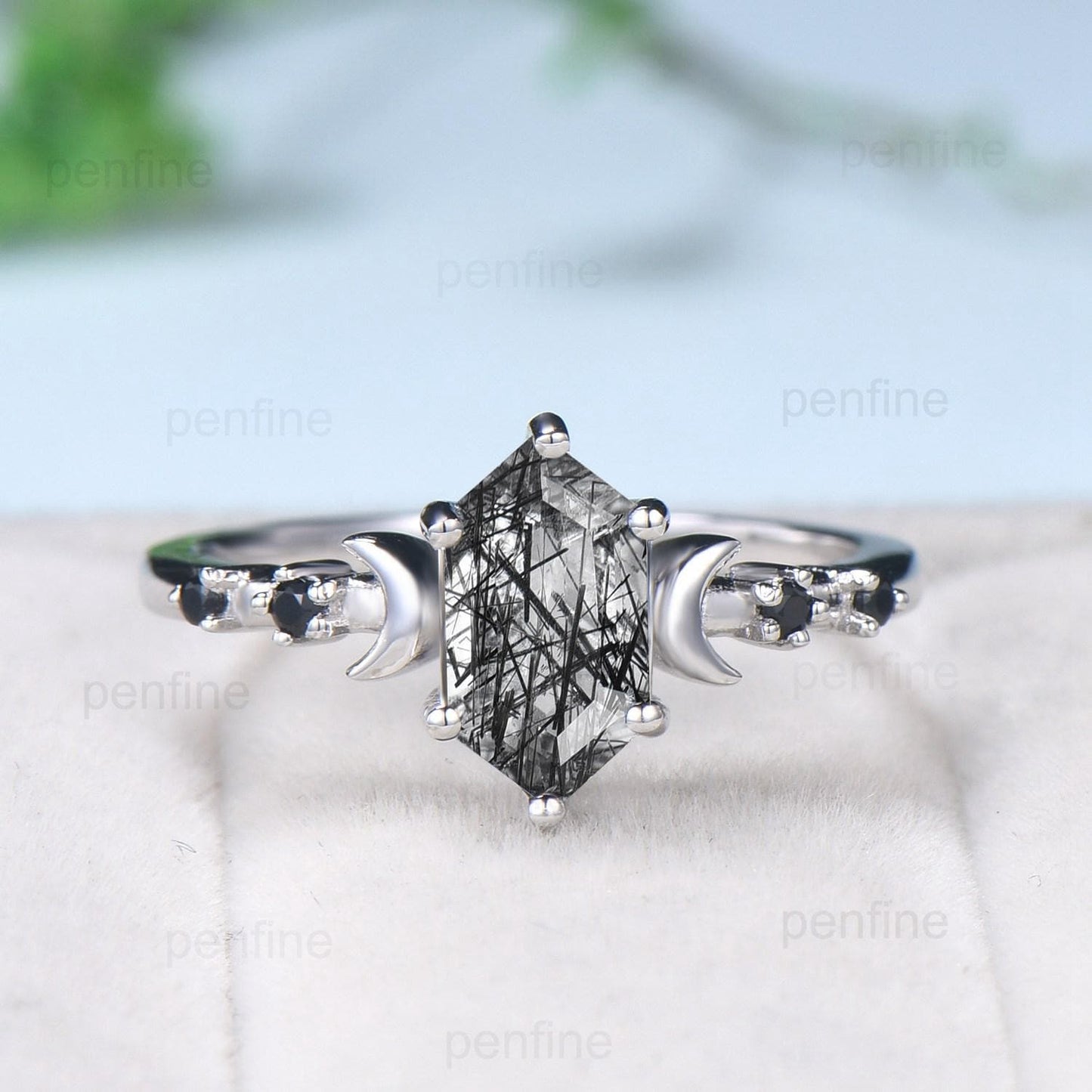Long Hexagon cut black rutilated quartz engagement ring set five stone rose gold moon spinel wedding ring set for women anniversary gift her