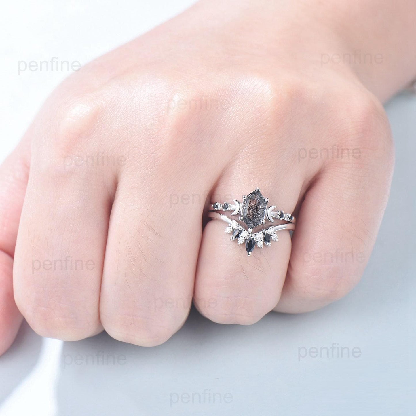 Long Hexagon cut black rutilated quartz engagement ring set five stone rose gold moon spinel wedding ring set for women anniversary gift her