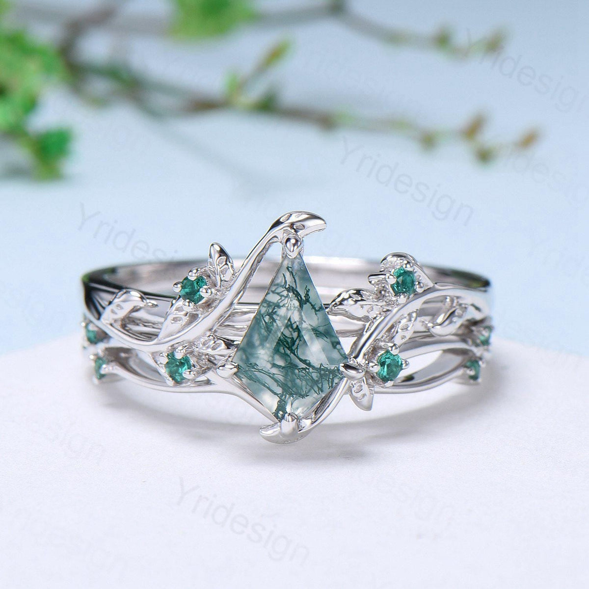 Vintage kite cut moss agate engagement ring set Nature Inspired green agate leaf vine ring cluster emerald eye bridal wedding set for women