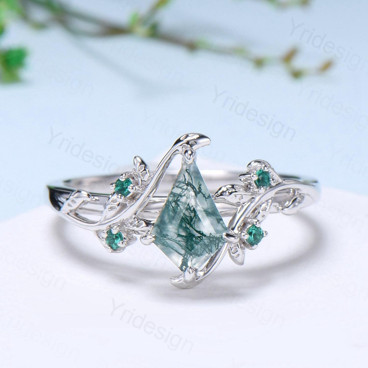 Willow Kite Cut Moss Agate Engagement Ring Set | Leaf Vine Alexandrite Bridal Set 2pcs