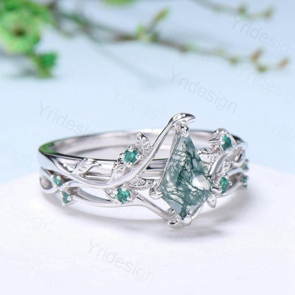 Vintage kite cut moss agate engagement ring set Nature Inspired green agate leaf vine ring cluster emerald eye bridal wedding set for women