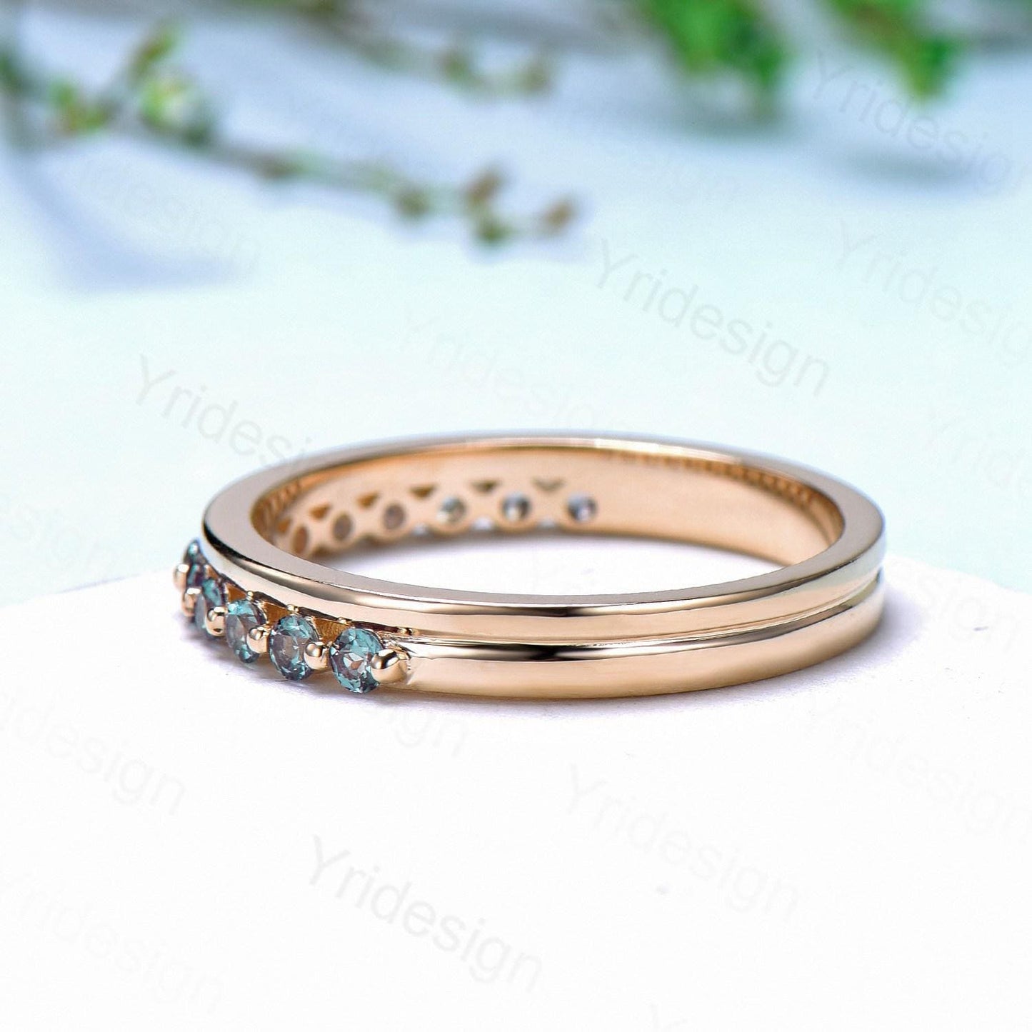 Half Eternity Alexandrite Wedding Band Double Enhance Stackable Wedding Ring For Women Yellow Gold Art Deco Matching Band Anniversary Gift