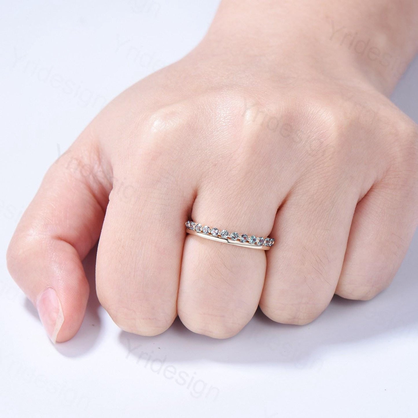 Half Eternity Alexandrite Wedding Band Double Enhance Stackable Wedding Ring For Women Yellow Gold Art Deco Matching Band Anniversary Gift