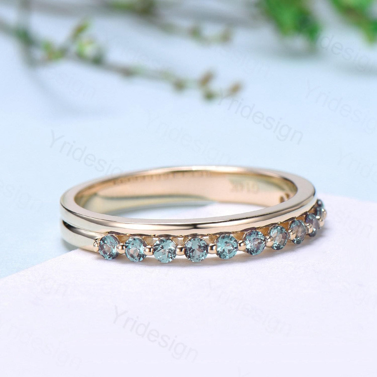 Half Eternity Alexandrite Wedding Band Double Enhance Stackable Wedding Ring For Women Yellow Gold Art Deco Matching Band Anniversary Gift