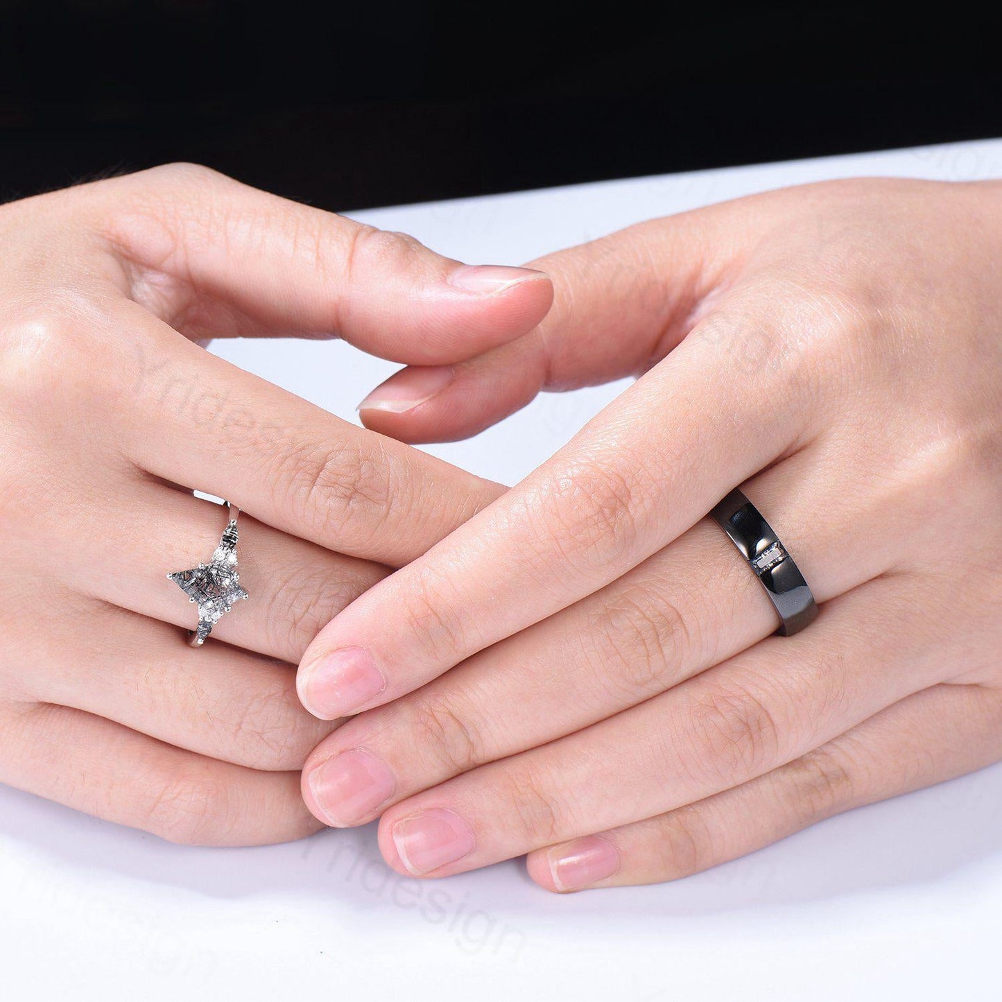 Couples black rutilated quartz ring set, vintage kite cut rutilated engagement ring for women, men's black gold wedding band, His Hers gift