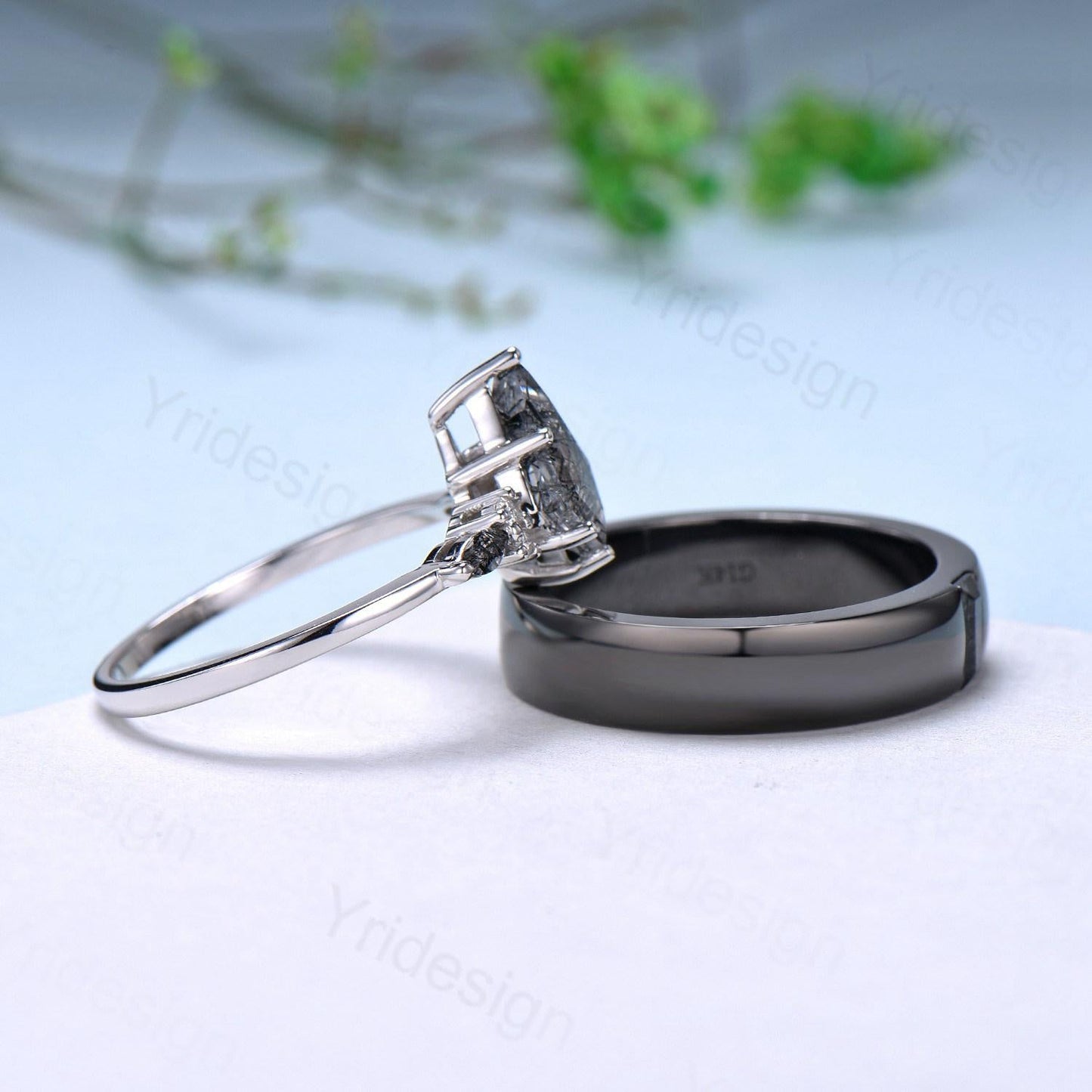 Couples black rutilated quartz ring set, vintage kite cut rutilated engagement ring for women, men's black gold wedding band, His Hers gift