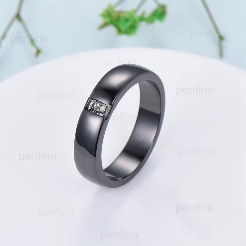 Couples black rutilated quartz ring set, vintage kite cut rutilated engagement ring for women, men's black gold wedding band, His Hers gift