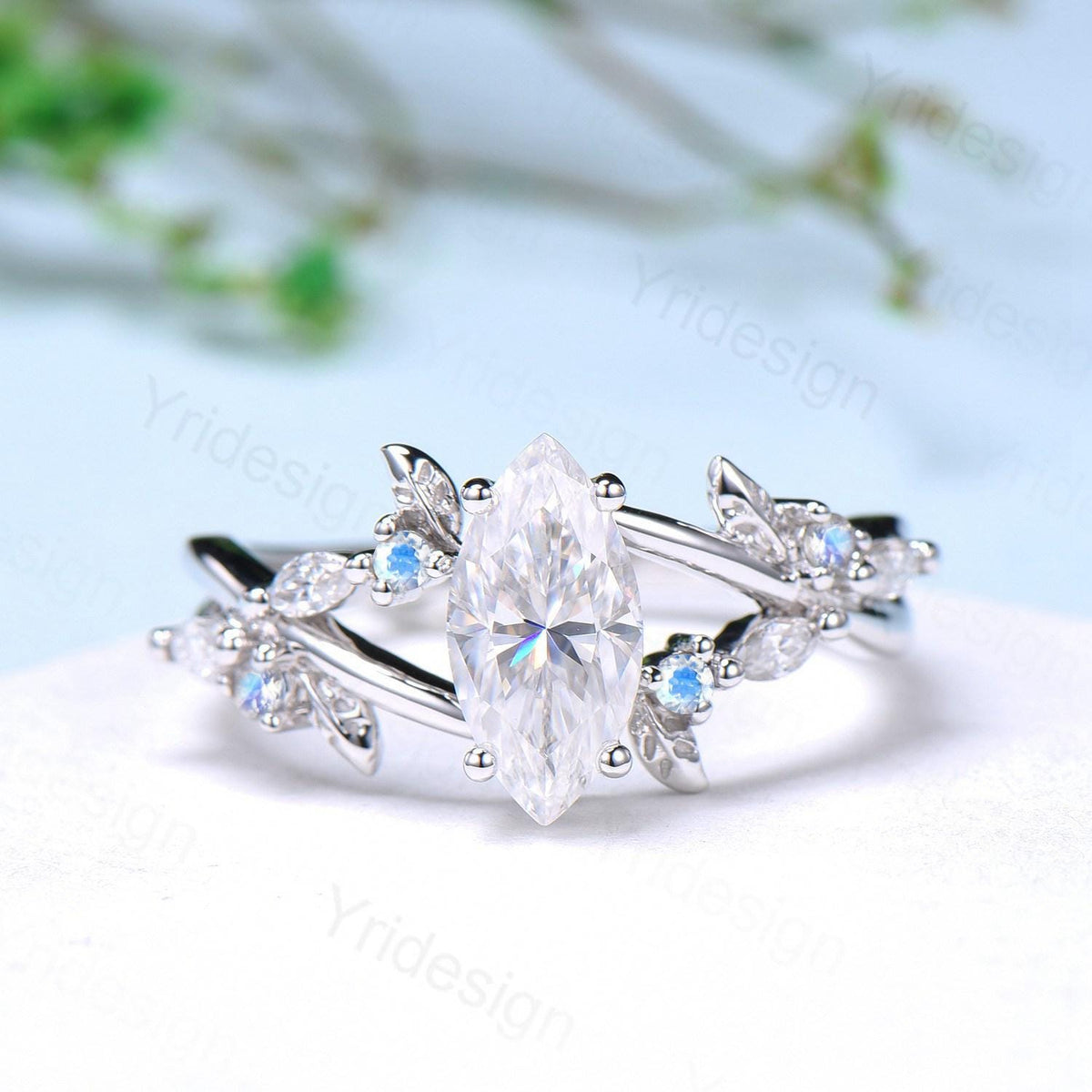 Natural Inspired Marquise Moissanite Ring Unique Leaves Branch Moissanite Engagement Ring Cluster Moonstone Split Shank Twig Wedding Ring