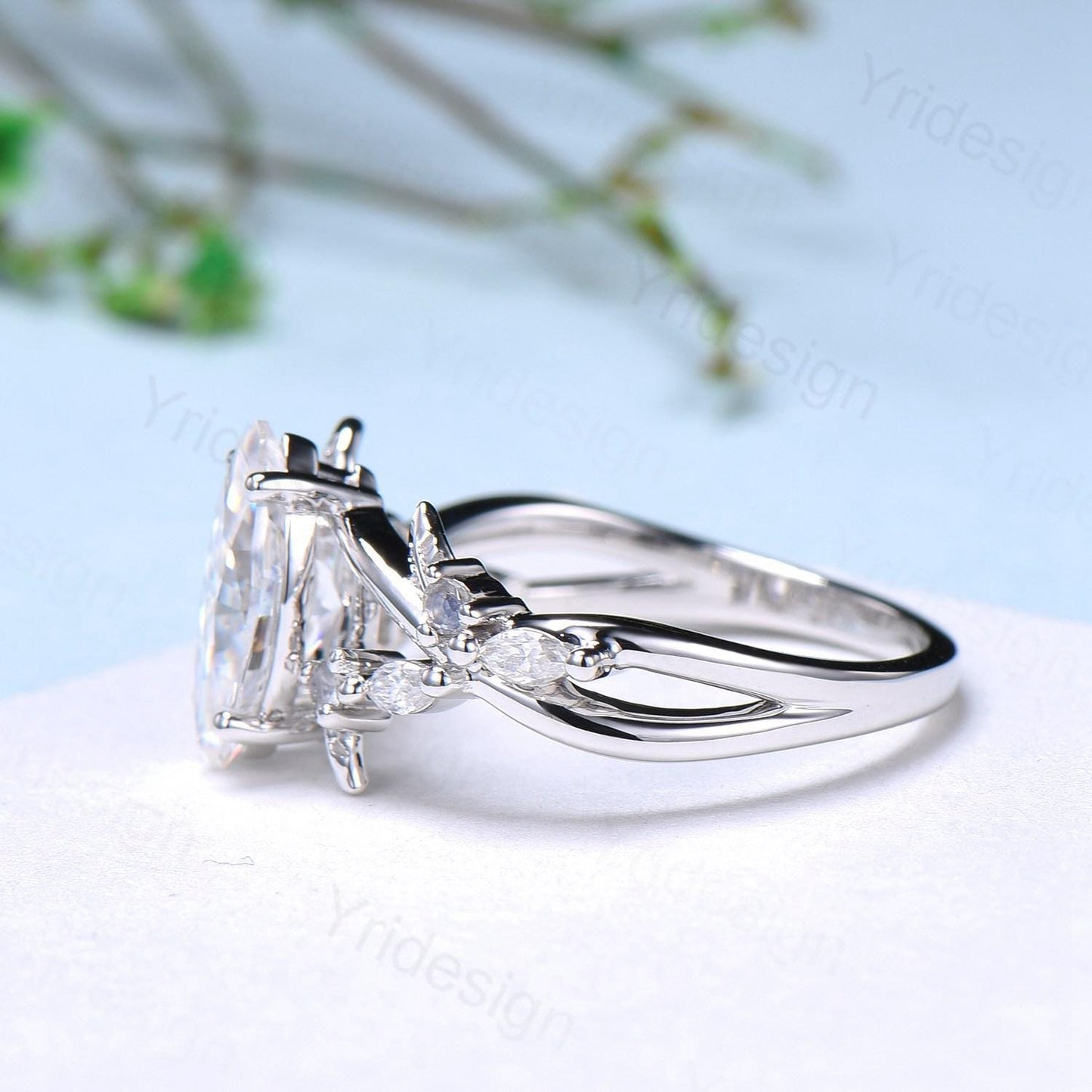 Natural Inspired Marquise Moissanite Ring Unique Leaves Branch Moissanite Engagement Ring Cluster Moonstone Split Shank Twig Wedding Ring