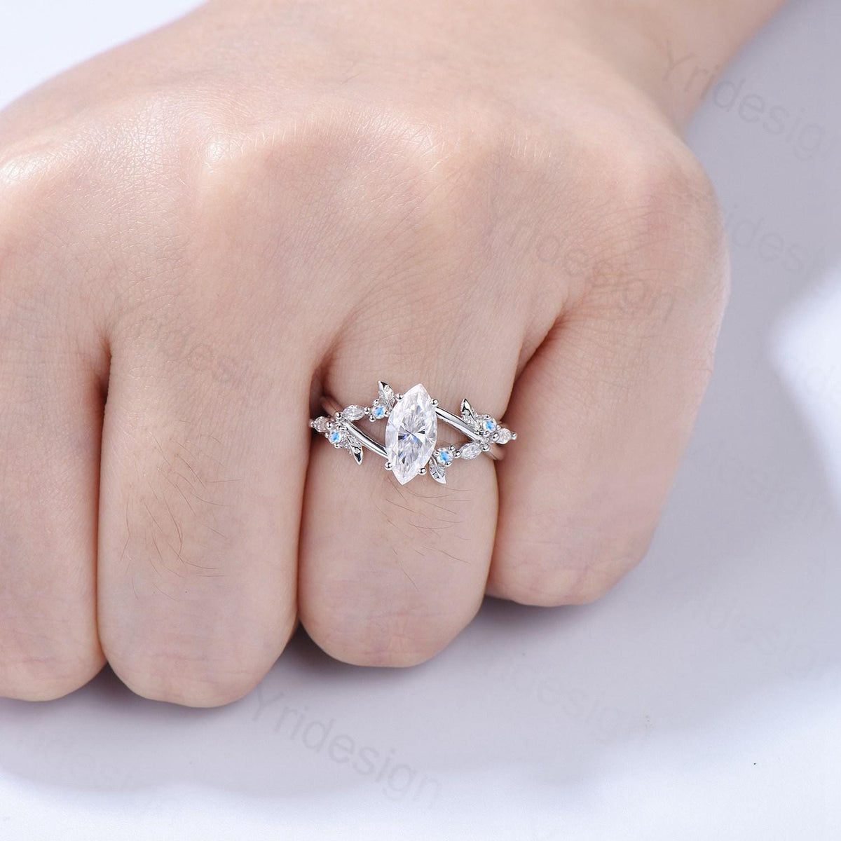 Natural Inspired Marquise Moissanite Ring Unique Leaves Branch Moissanite Engagement Ring Cluster Moonstone Split Shank Twig Wedding Ring