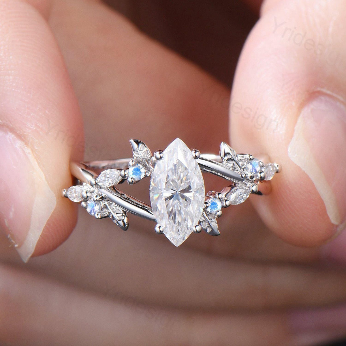 Natural Inspired Marquise Moissanite Ring Unique Leaves Branch Moissanite Engagement Ring Cluster Moonstone Split Shank Twig Wedding Ring