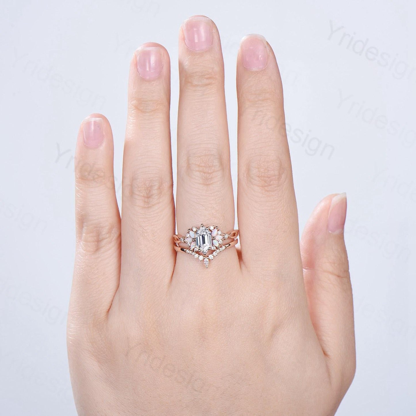 Vintage Long Hexagon cut moissanite engagement ring set cluster marquise opal split shank wedding ring set art deco infinity band bridal set