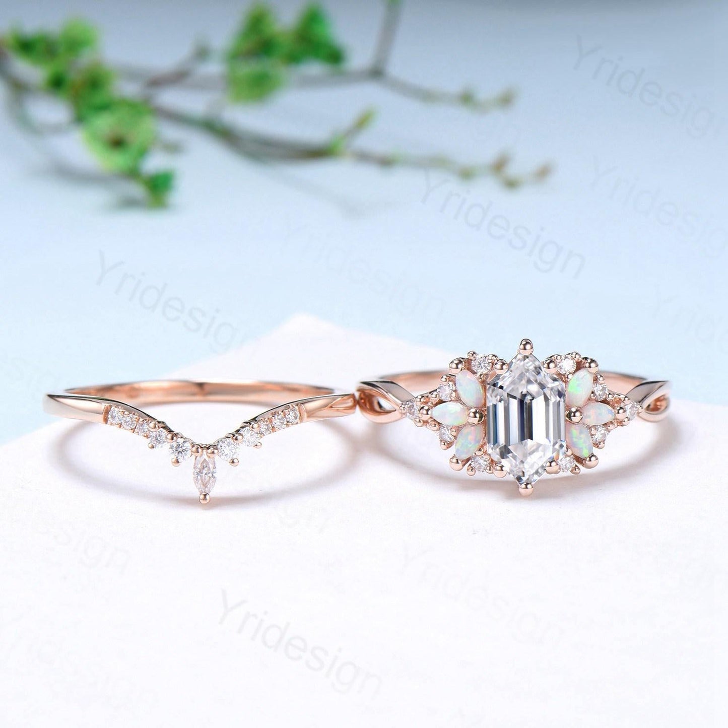 Vintage Long Hexagon cut moissanite engagement ring set cluster marquise opal split shank wedding ring set art deco infinity band bridal set