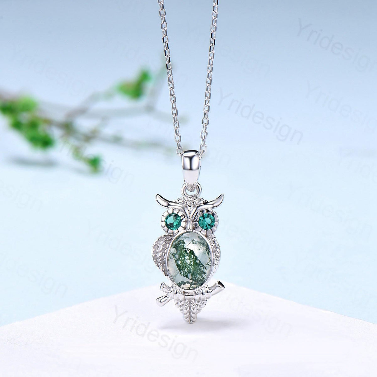 Unique Owl Moss Agate Necklace Personalized Pendant Necklace Silver 18k White Gold Emerald Pendant Night Owl Animal Inspired Promise Gift