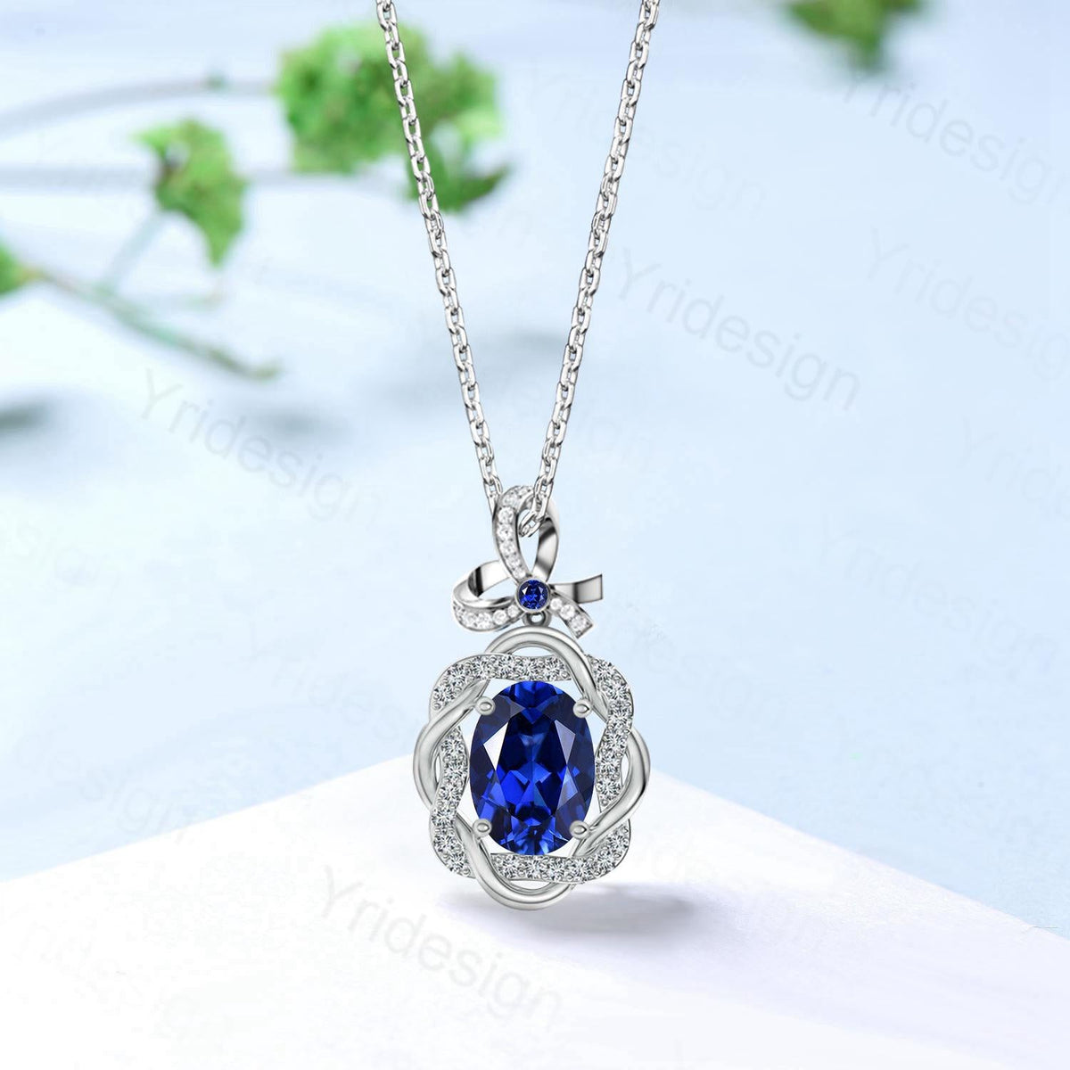Unique Oval Sapphire Pendant Necklace Vintage Oval Blue Sapphire Halo Diamond Pendant Necklace Rose Gold Retro Christmas Promise Gift Women