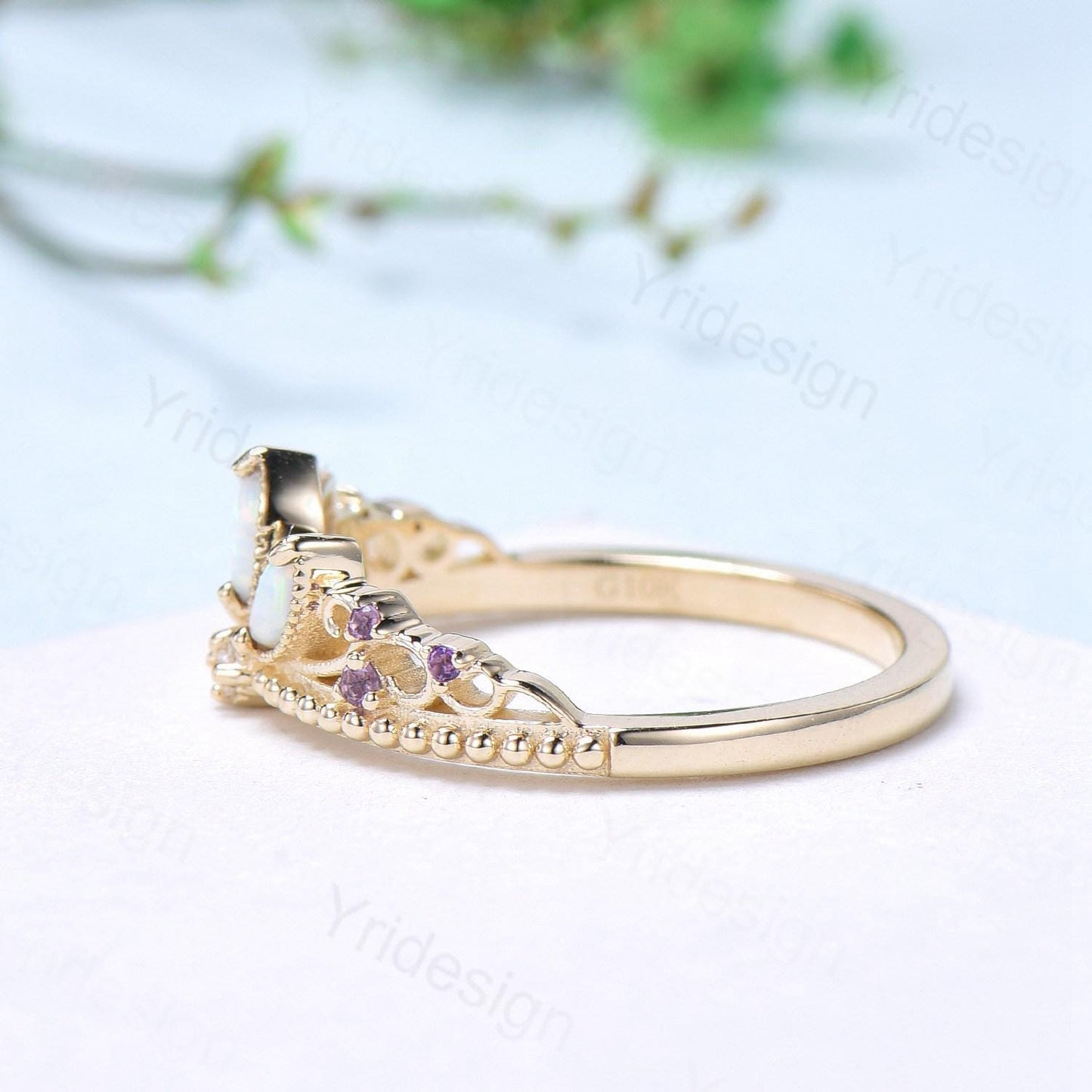 Unique Crown Opal Wedding Band 14K Yellow Gold Art Deco White Opal Stacking Wedding Ring October Birthstone Stacking Band Anniversary gift