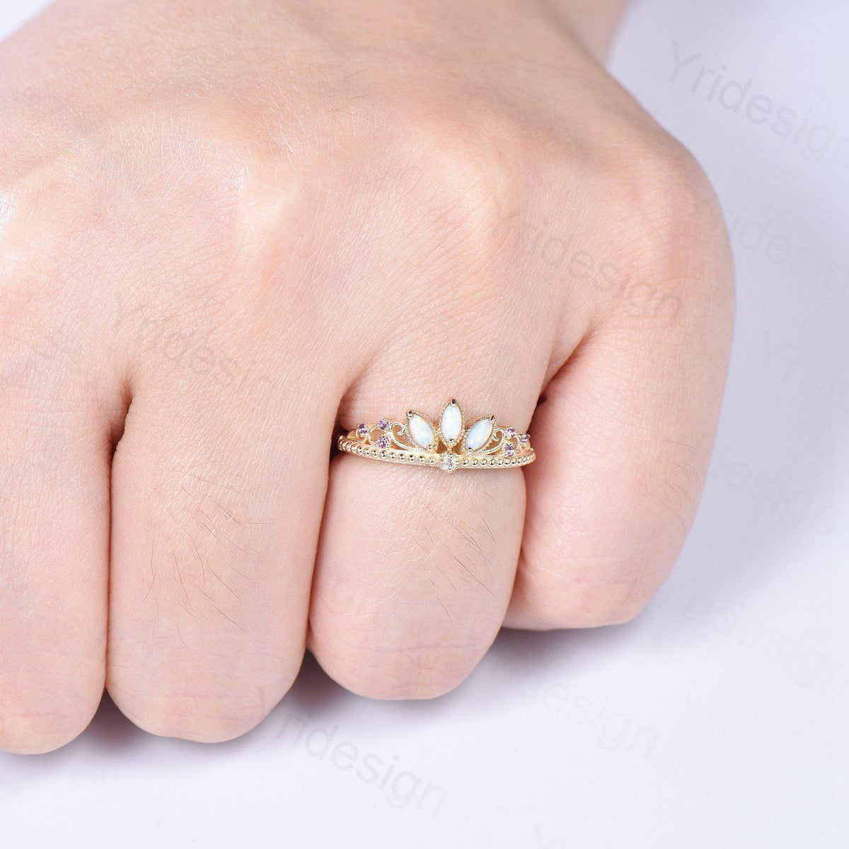 Unique Crown Opal Wedding Band 14K Yellow Gold Art Deco White Opal Stacking Wedding Ring October Birthstone Stacking Band Anniversary gift
