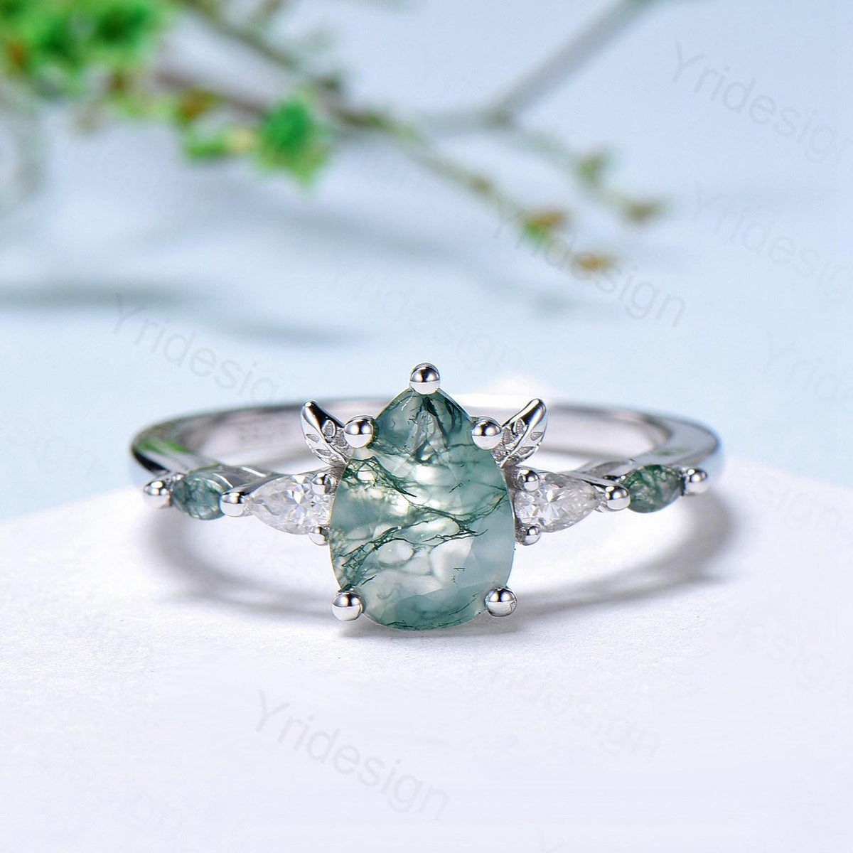 Unique Pear Shaped Natural Green Moss Agate Engagement Ring Set Devil Five Stone Nature Inspired Agate Leaf Flower Bridal Ring Set for Women