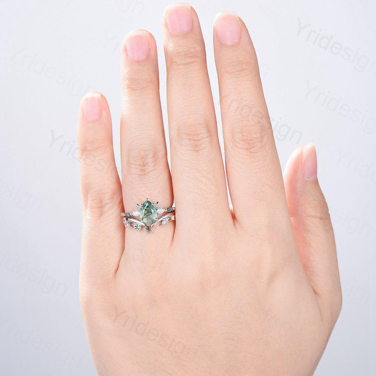 Unique Pear Shaped Natural Green Moss Agate Engagement Ring Set Devil Five Stone Nature Inspired Agate Leaf Flower Bridal Ring Set for Women