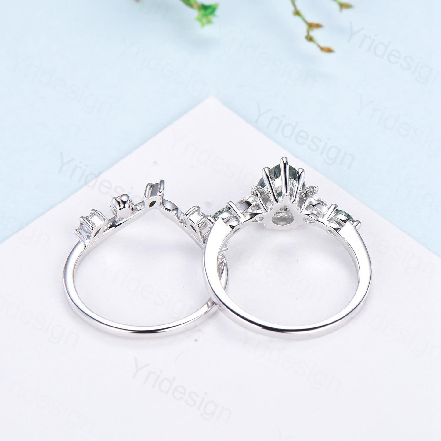 Unique Pear Shaped Natural Green Moss Agate Engagement Ring Set Devil Five Stone Nature Inspired Agate Leaf Flower Bridal Ring Set for Women
