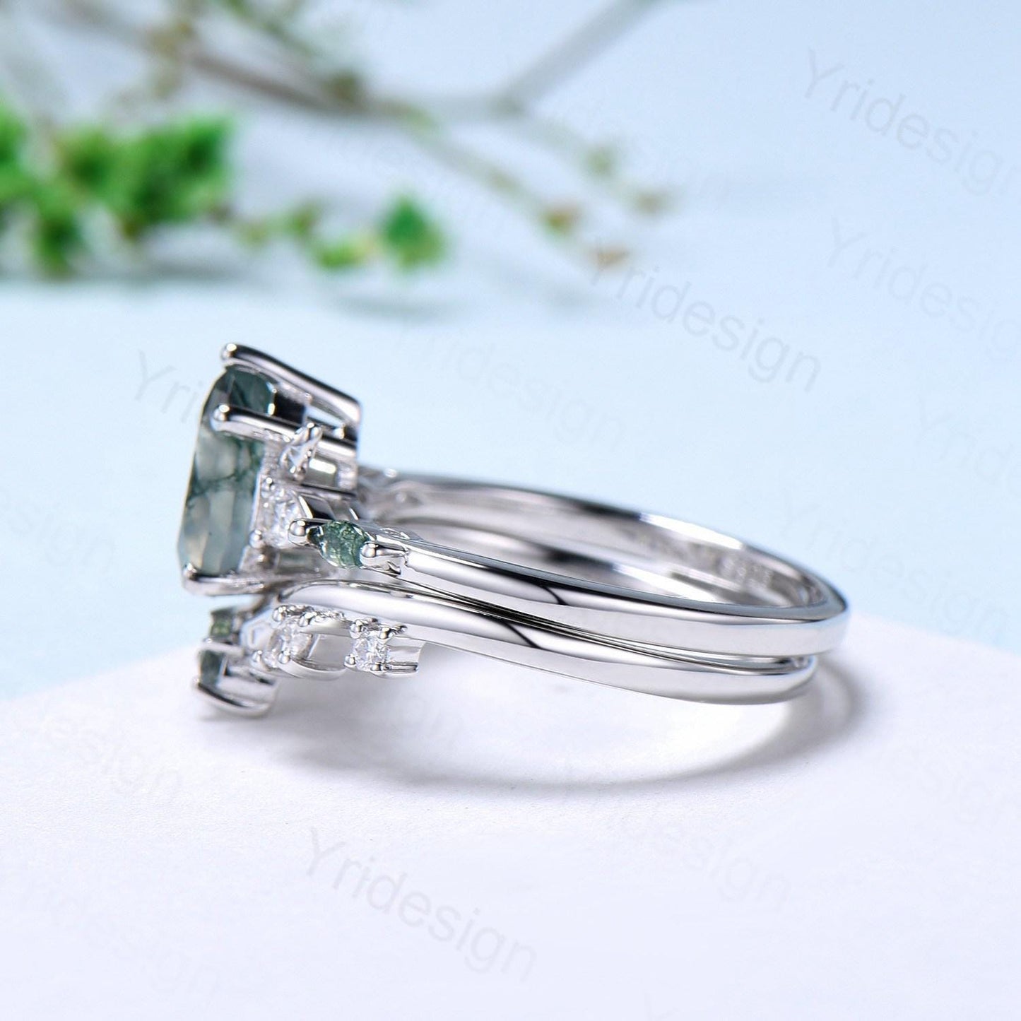 Unique Pear Shaped Natural Green Moss Agate Engagement Ring Set Devil Five Stone Nature Inspired Agate Leaf Flower Bridal Ring Set for Women