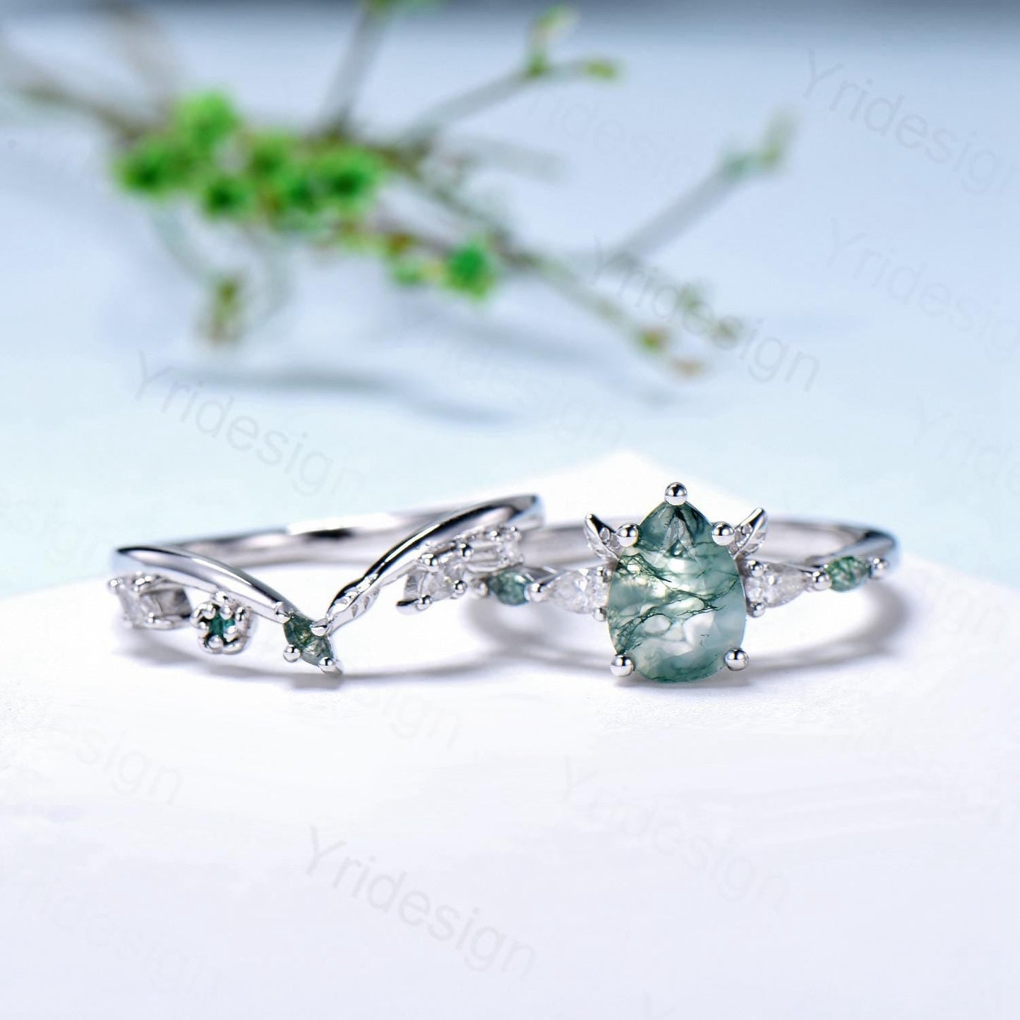 Unique Pear Shaped Natural Green Moss Agate Engagement Ring Set Devil Five Stone Nature Inspired Agate Leaf Flower Bridal Ring Set for Women