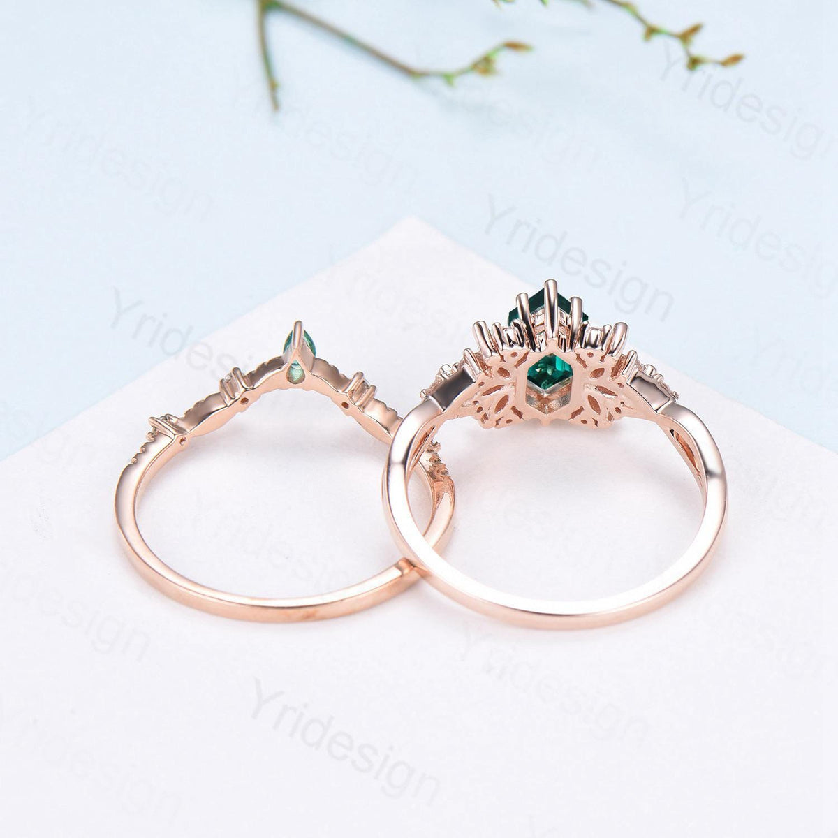 Vintage long hexagon emerald wedding ring set rose gold vintage emerald split shank engagement ring rose gold infinity bridal set for women