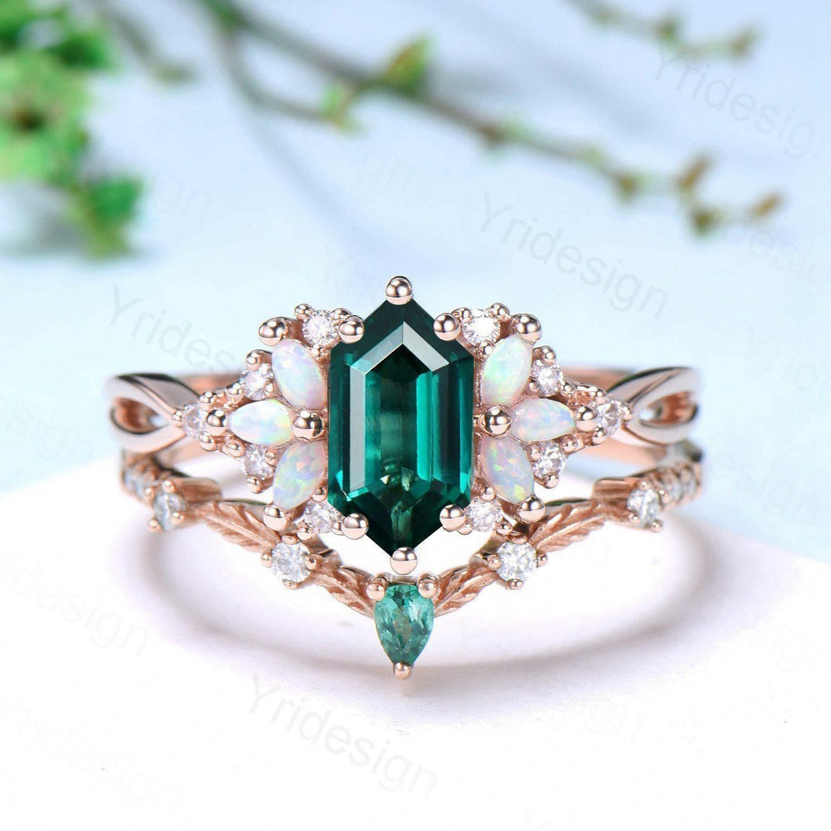 Vintage long hexagon emerald wedding ring set rose gold vintage emerald split shank engagement ring rose gold infinity bridal set for women