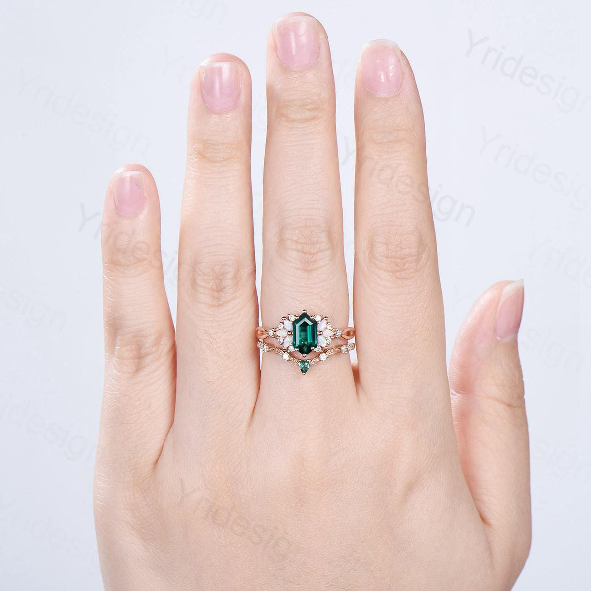 Vintage long hexagon emerald wedding ring set rose gold vintage emerald split shank engagement ring rose gold infinity bridal set for women