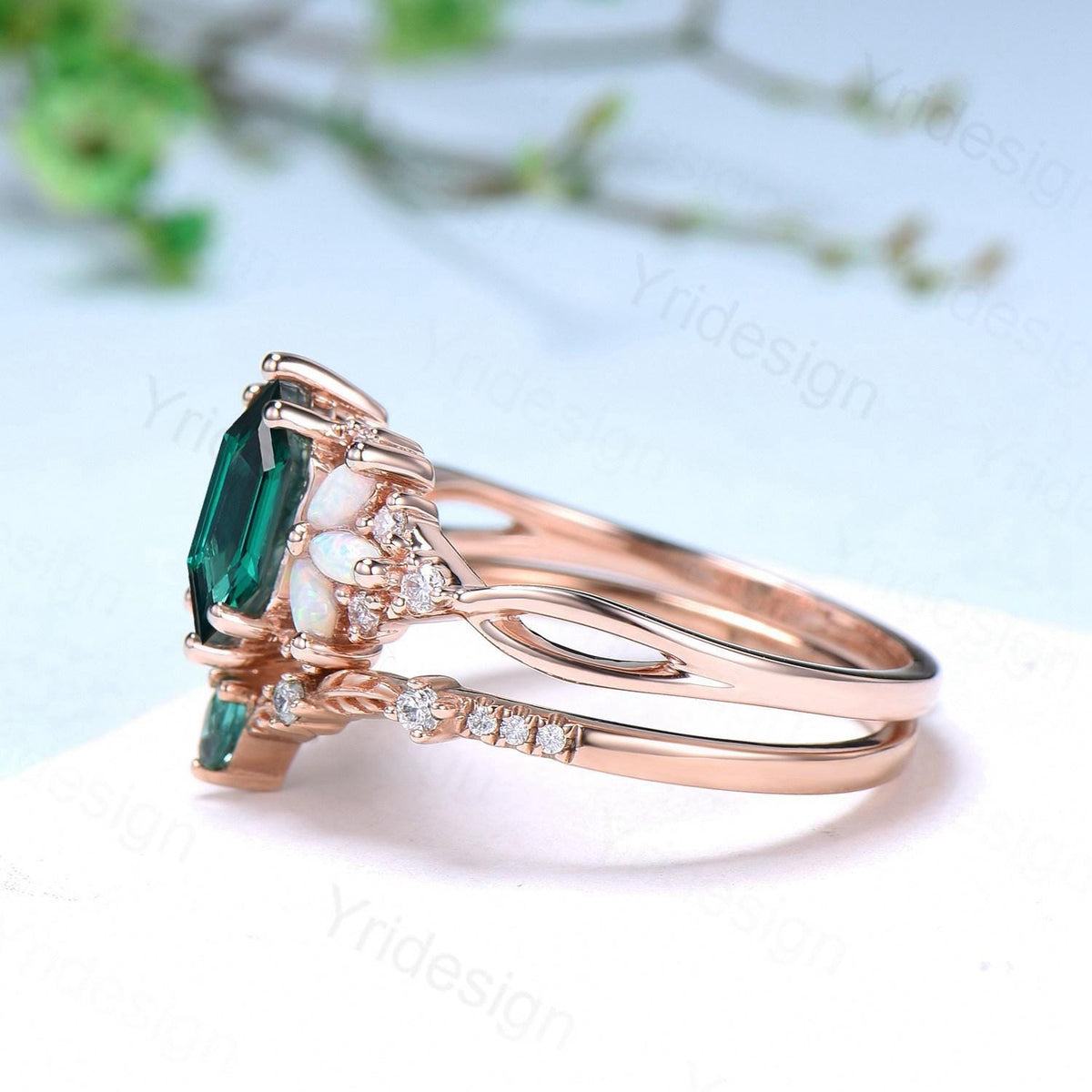 Vintage long hexagon emerald wedding ring set rose gold vintage emerald split shank engagement ring rose gold infinity bridal set for women