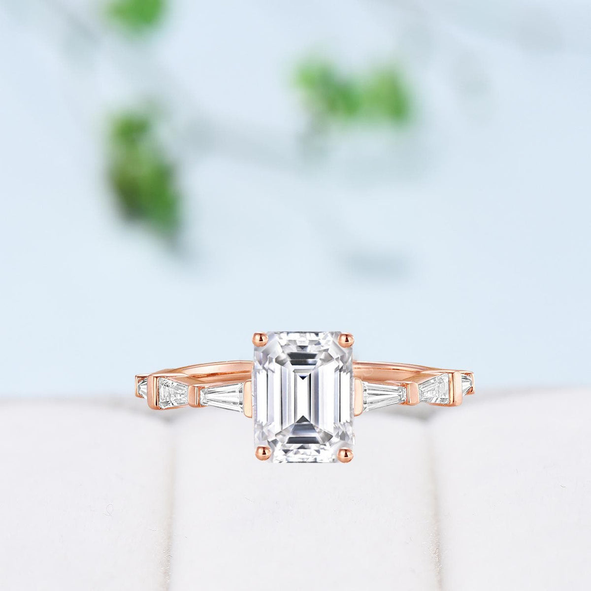 Asscher Cut Brilliant Moissanite ring Baguette Moissanite Engagement Ring 14K Rose Gold Vintage Wedding Ring Unique Anniversary Promise Ring