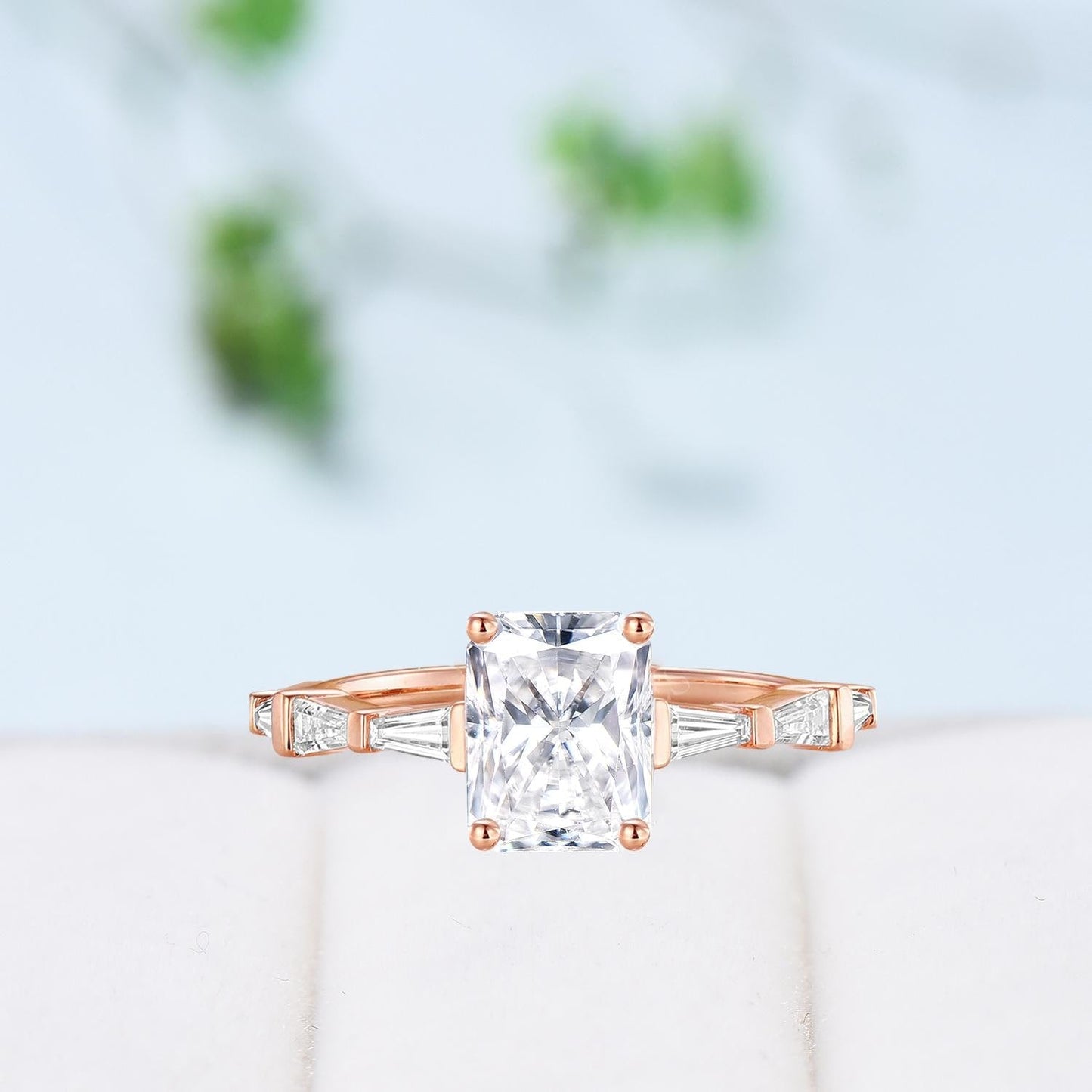 Asscher Cut Brilliant Moissanite ring Baguette Moissanite Engagement Ring 14K Rose Gold Vintage Wedding Ring Unique Anniversary Promise Ring