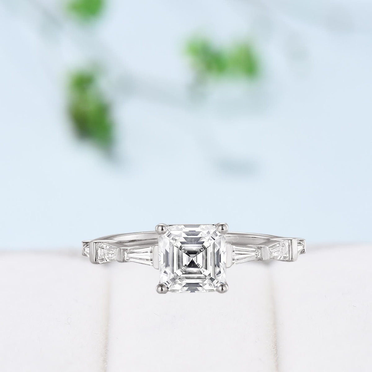 Asscher Cut Brilliant Moissanite ring Baguette Moissanite Engagement Ring 14K Rose Gold Vintage Wedding Ring Unique Anniversary Promise Ring