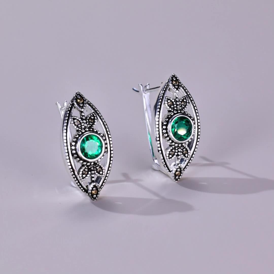 Unique Evil Eye Wedding Set vintage marquise shaped pendant necklace silver white gold art deco green emerald stud earrings anniversary gift