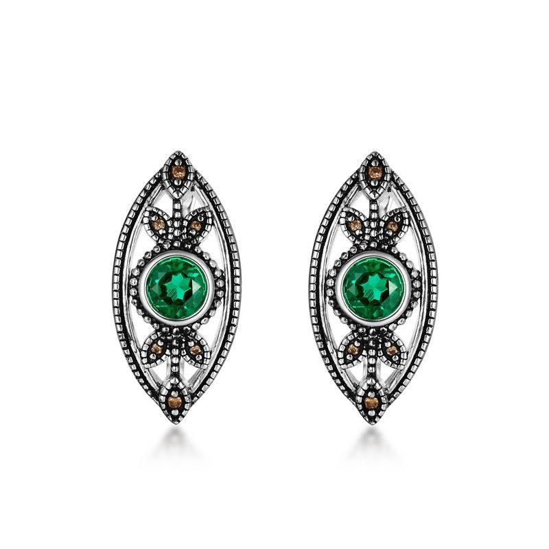 Unique Evil Eye Wedding Set vintage marquise shaped pendant necklace silver white gold art deco green emerald stud earrings anniversary gift