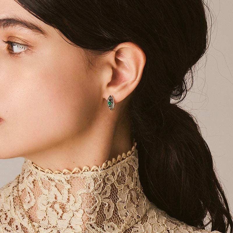 Unique Evil Eye Wedding Set vintage marquise shaped pendant necklace silver white gold art deco green emerald stud earrings anniversary gift