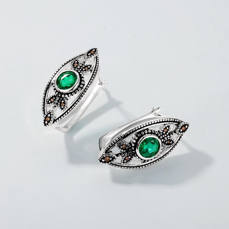 Unique Evil Eye Wedding Set vintage marquise shaped pendant necklace silver white gold art deco green emerald stud earrings anniversary gift