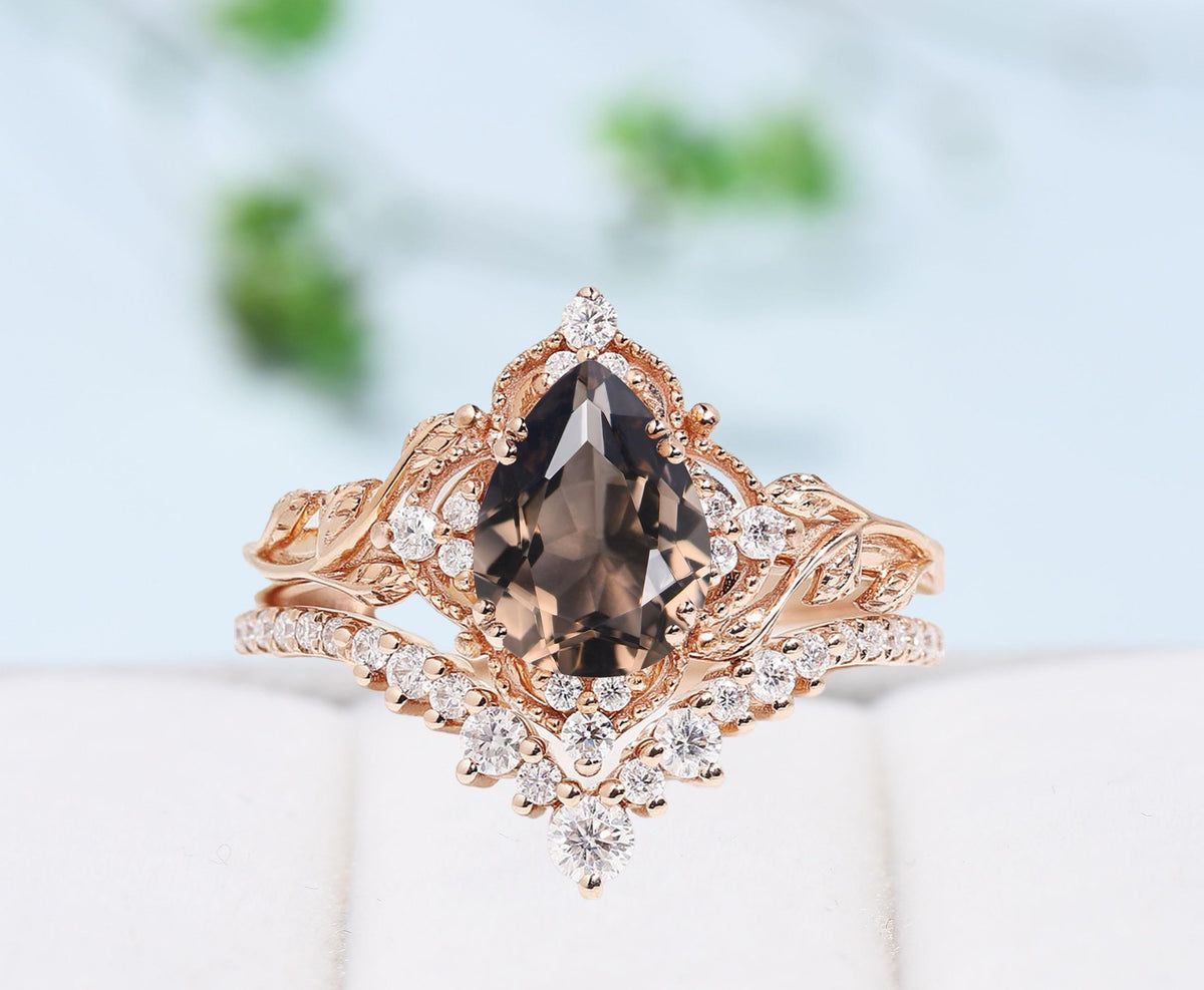 Natural inspired smoky quartz engagement ring set art deco cluster moissanite bridal wedding ring set Unique anniversary promise ring gift