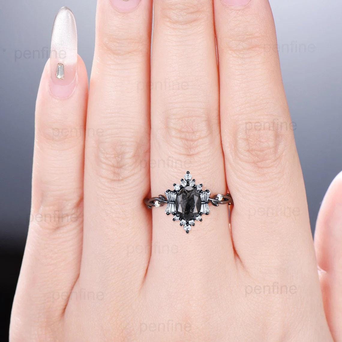 Unique Oval Salt And Pepper Diamond Ring Black Gold Vintage Luxury Pepper Diamond Engagement Ring Twig Vine Promise Ring Anniversary Gift