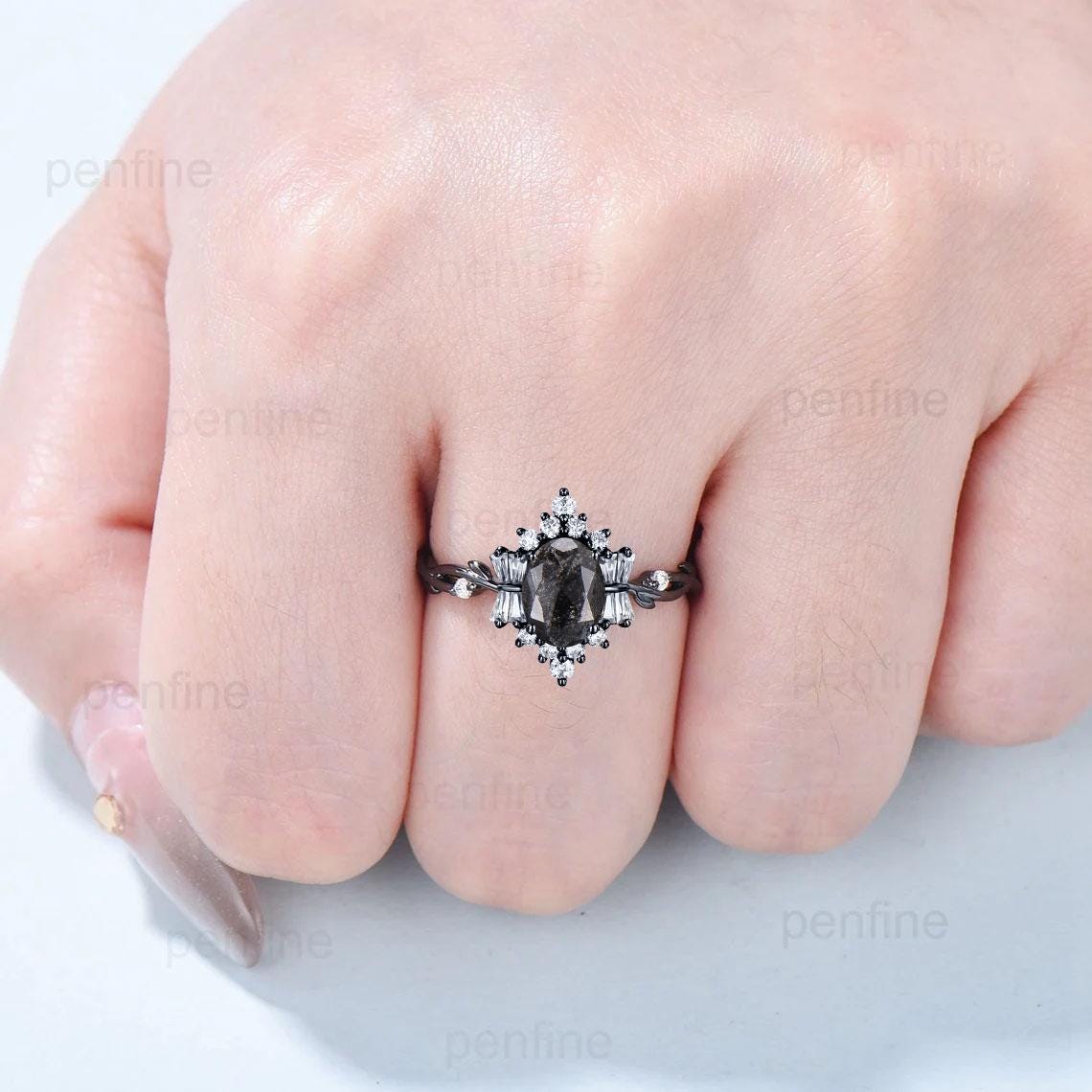 Unique Oval Salt And Pepper Diamond Ring Black Gold Vintage Luxury Pepper Diamond Engagement Ring Twig Vine Promise Ring Anniversary Gift