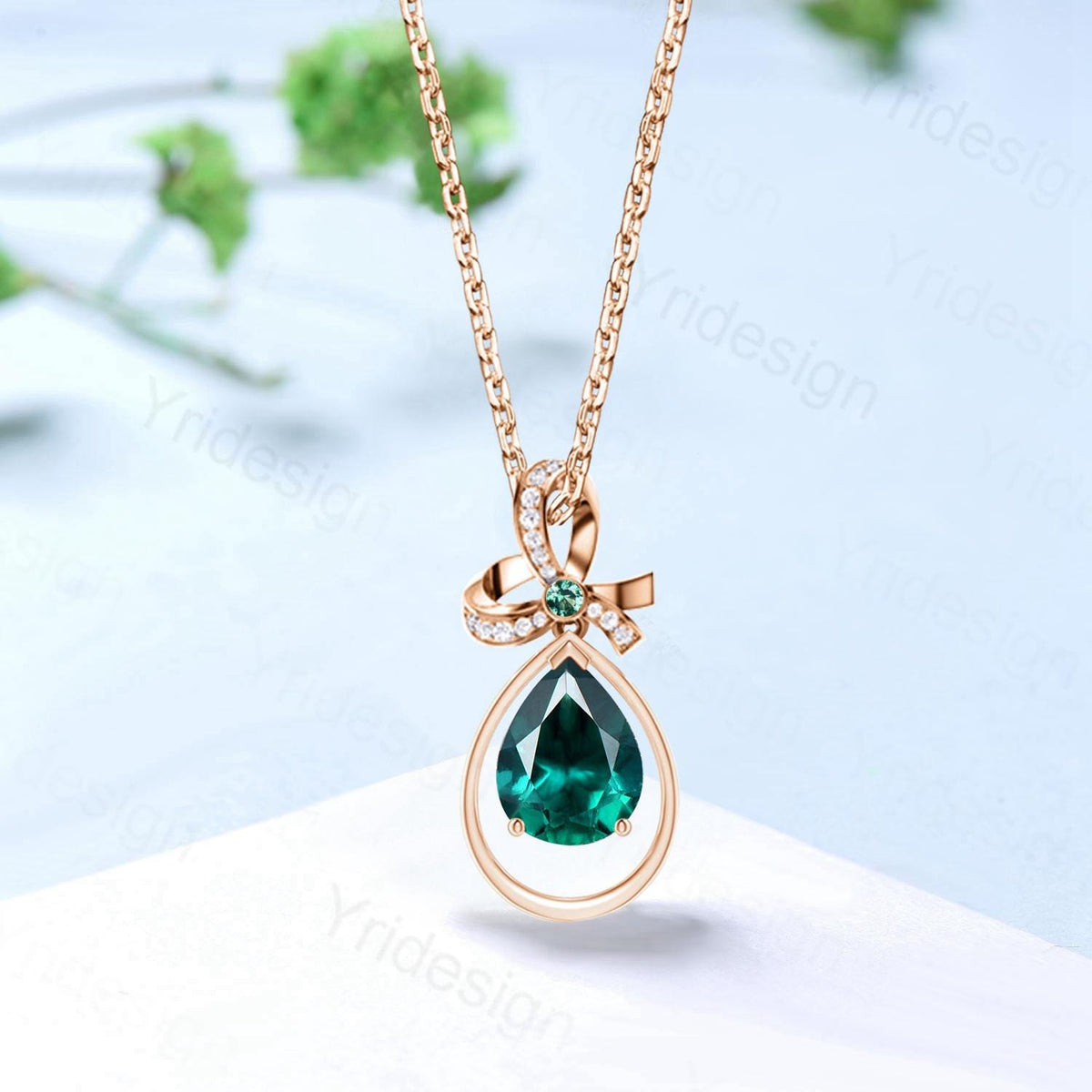 Unique Celtic Knot Pear Emerald Wedding Necklace Sterling Silver Rose Gold Mother's Pendant Floral Inspired Anniversary Gift for Daughter