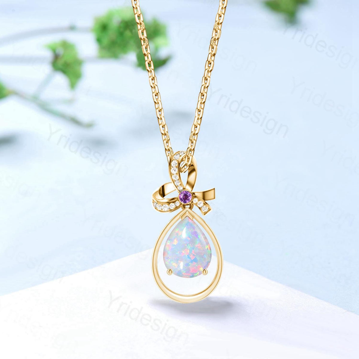 Unique Opal Necklace Celtic Knot Pear Shaped White Opal Wedding Necklace Sterling Silver Yellow Gold Mother's Pendant Anniversary Gift Women