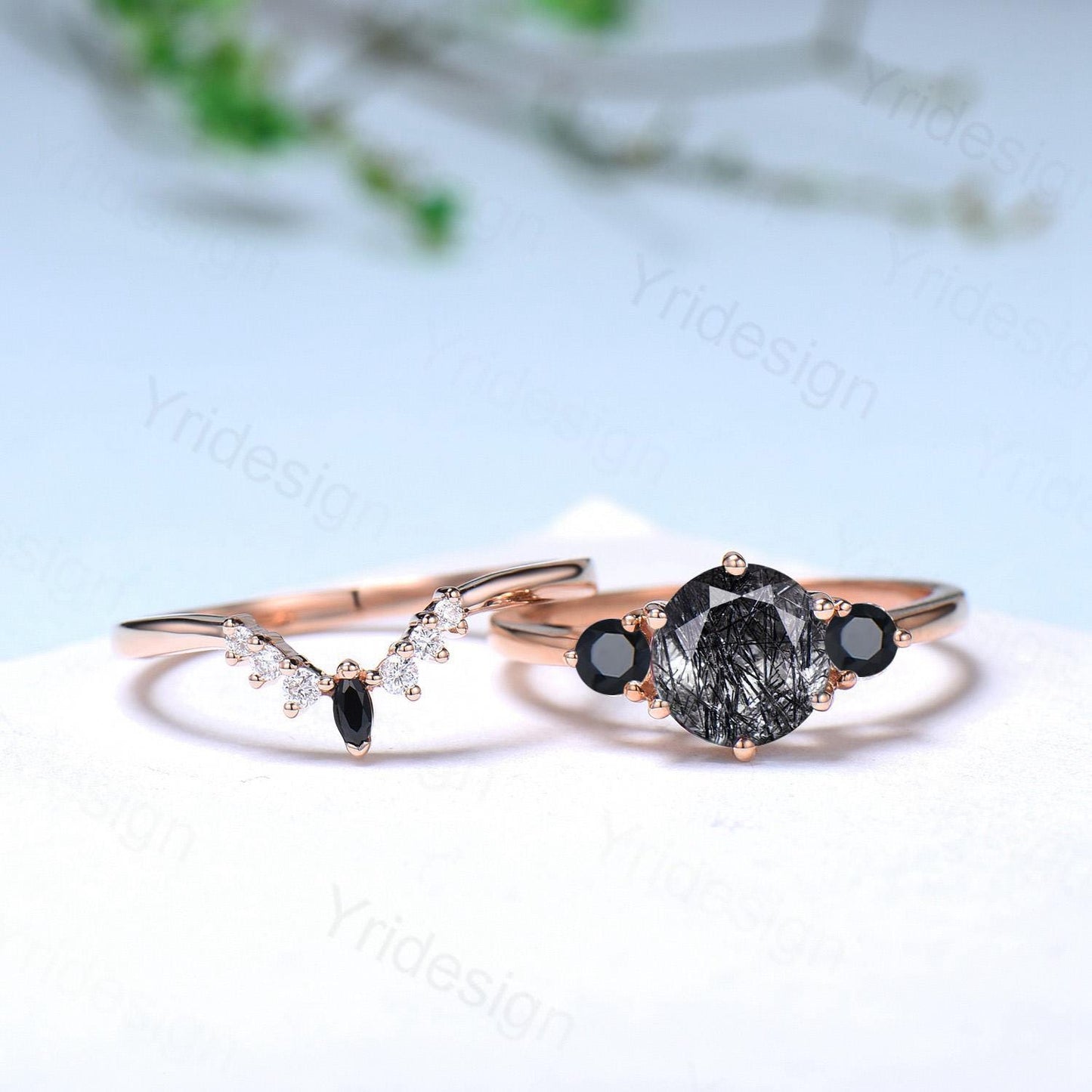 Vintage black rutilated quartz engagement ring set Three stone black spinel wedding ring set for women Quartz crystal bridal birthday gift