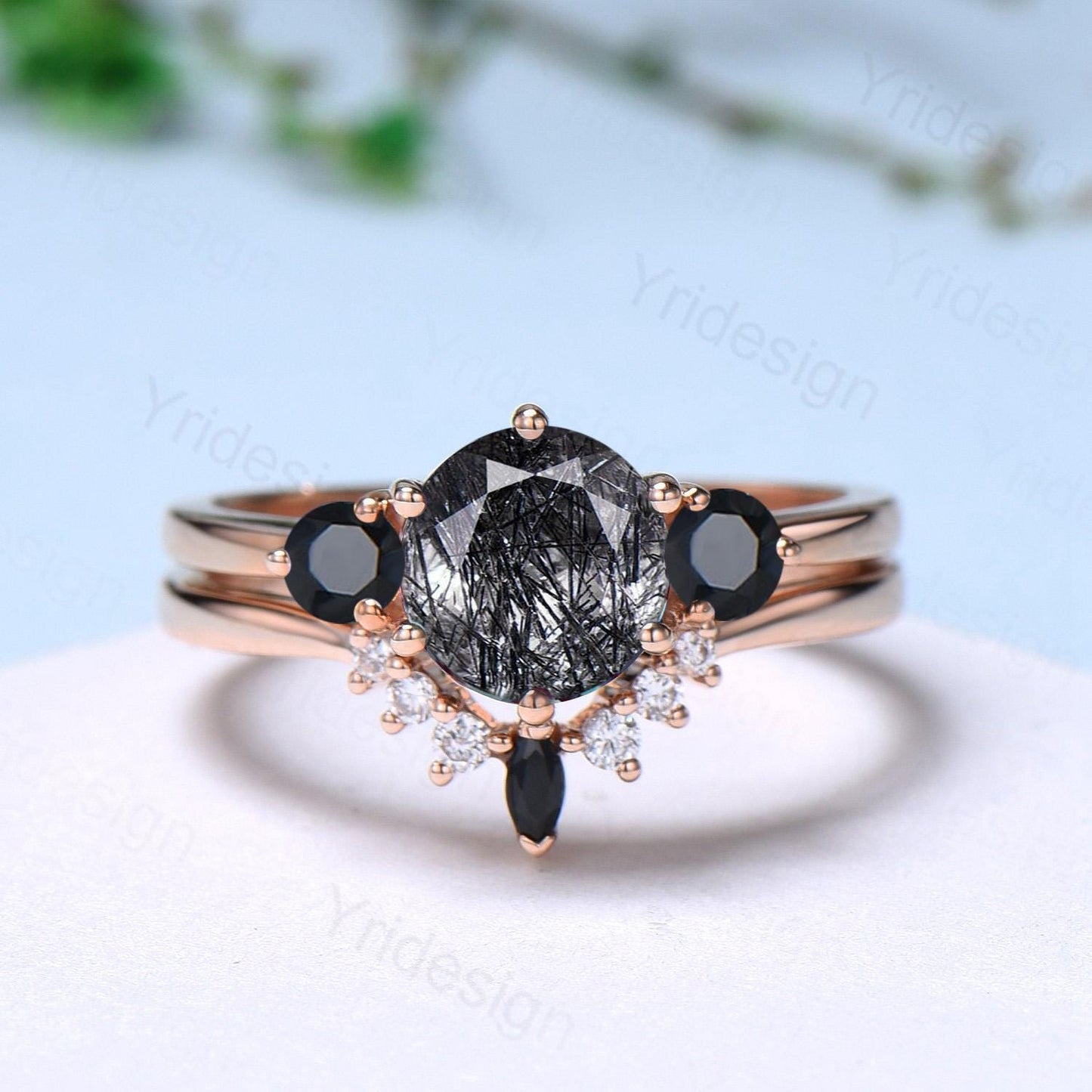 Vintage black rutilated quartz engagement ring set Three stone black spinel wedding ring set for women Quartz crystal bridal birthday gift