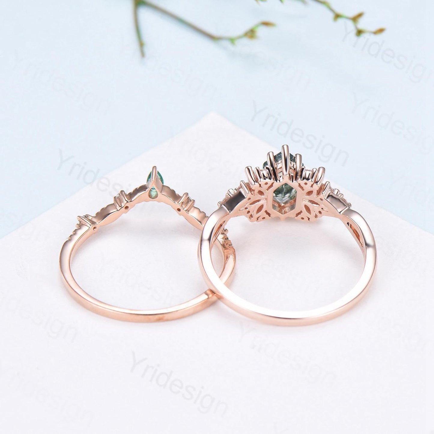 Vintage long hexagon white opal wedding ring set rose gold vintage opal engagement ring rose gold infinity split shank bridal set for women
