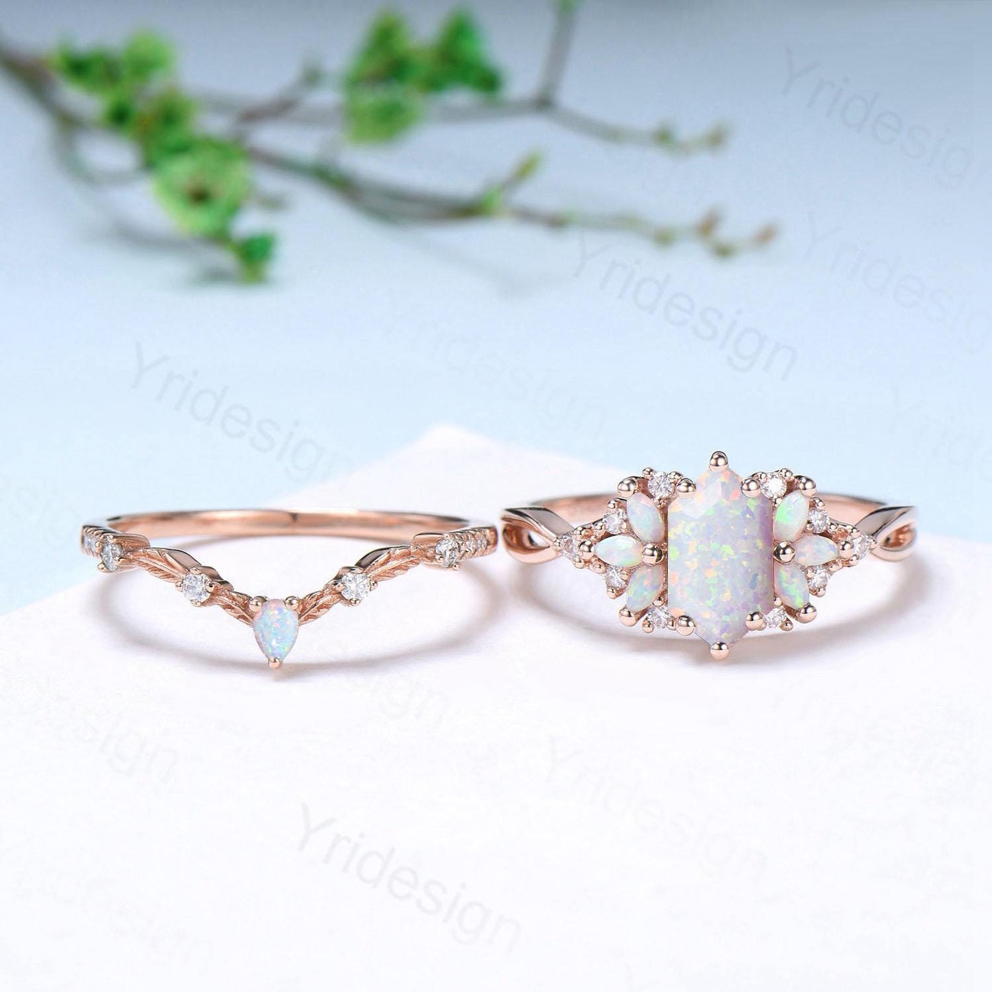 Vintage long hexagon white opal wedding ring set rose gold vintage opal engagement ring rose gold infinity split shank bridal set for women
